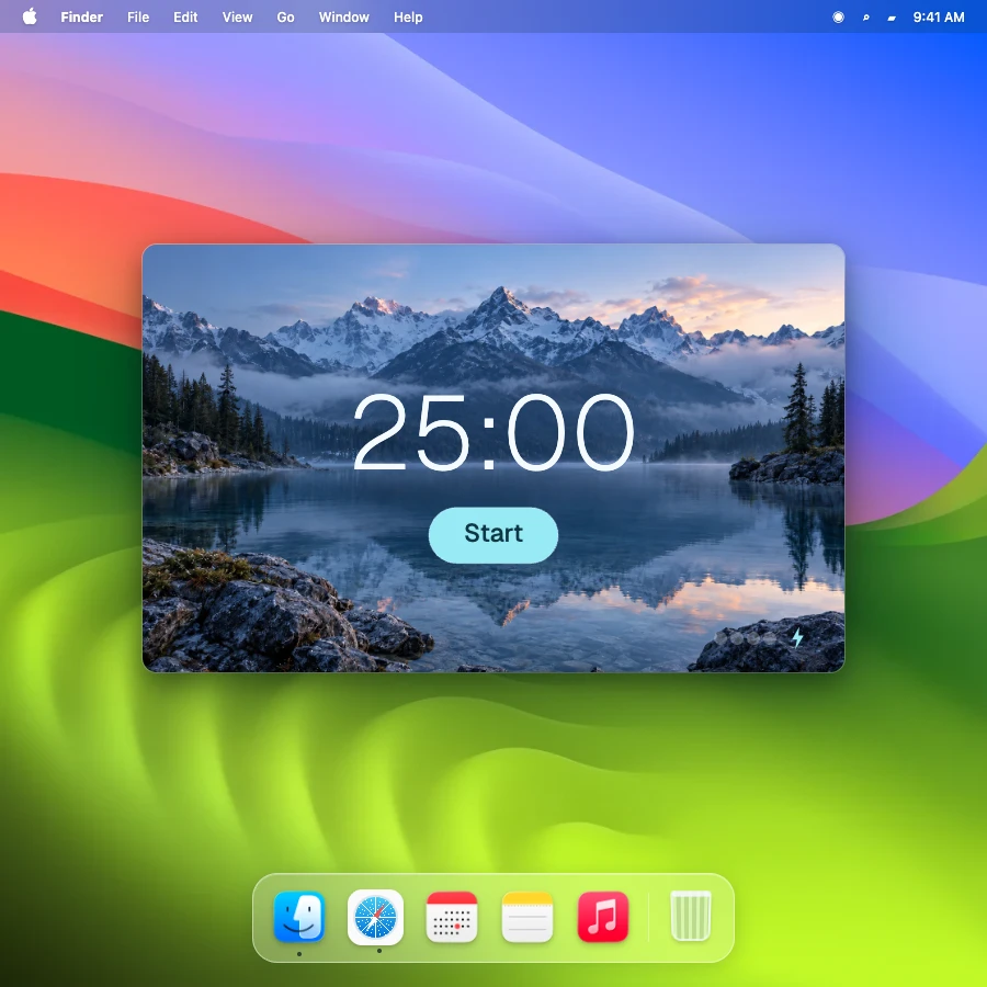 Real Alpine Glass picture-in-picture timer floating over an illustrative macOS-style desktop with wallpaper and Dock