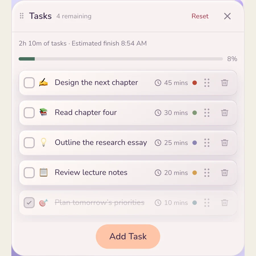 A task list alongside the focus timer