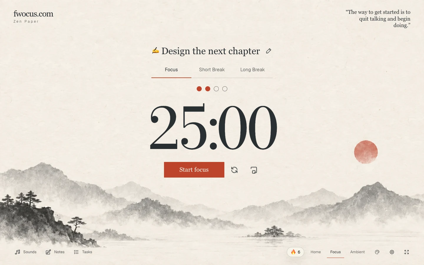 Fwocus focus timer in the Zen Paper theme, with ink mountains and a warm paper background